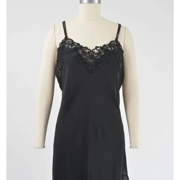 Vintage 90s Black Sheer Bias Cut Asymmetrical Chiffon Lace Maxi Slip Dress M